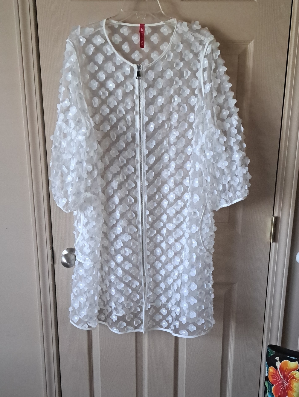 White Sheer Floral Appliqué Trench Coat